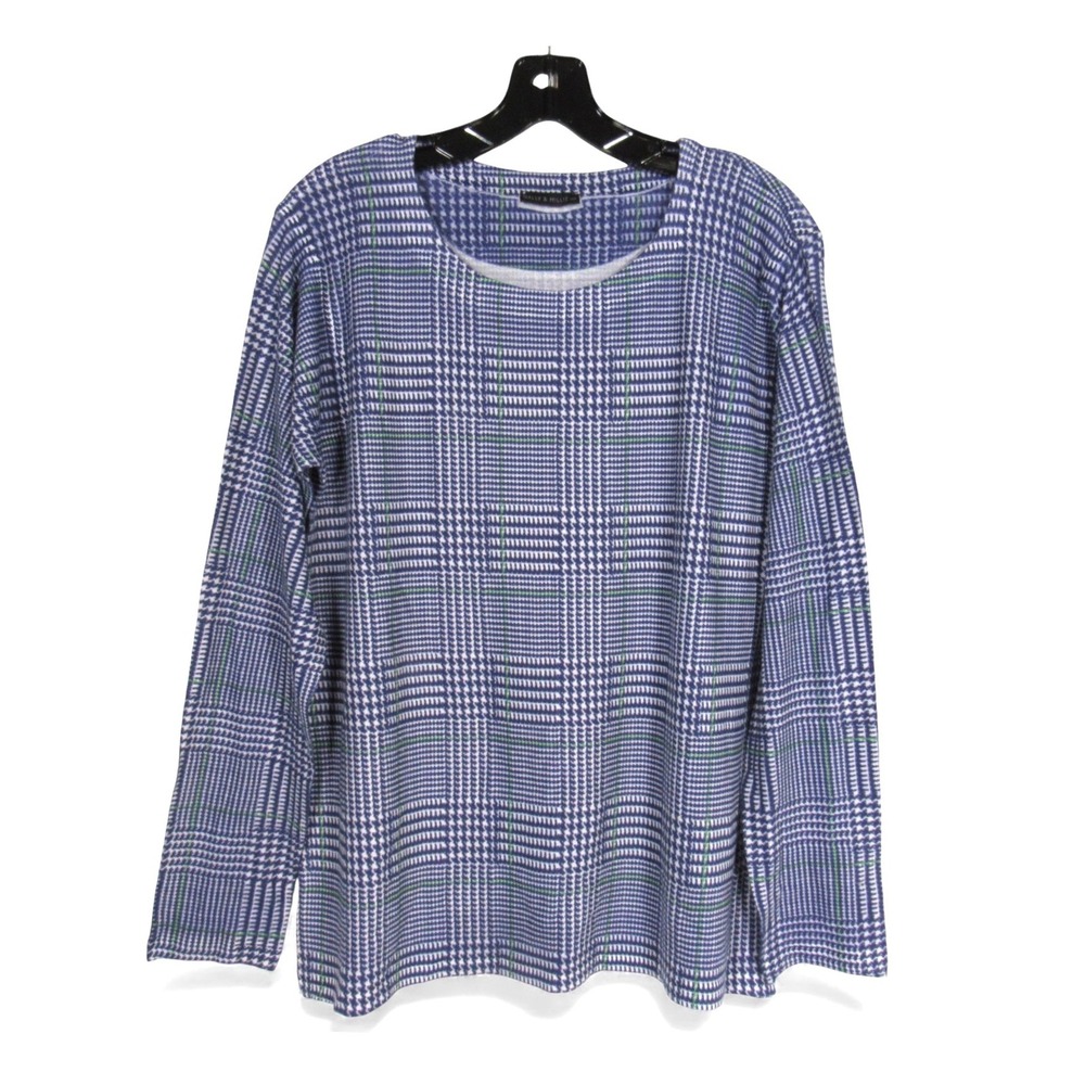 NALLY & MILLIE Blue/White HOUNDSTOOTH Round Neck LIGHTWEIGHT KNIT SWEATER Sz M